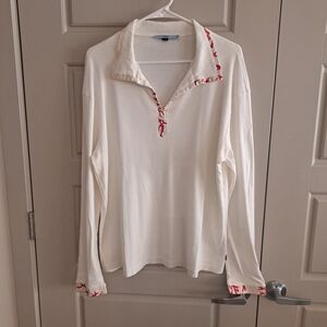 RED Valentino White Long Sleeve Shirt with Red Trim